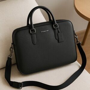 Unisex Coach black Leather Laptop Bag with Detachable Strap